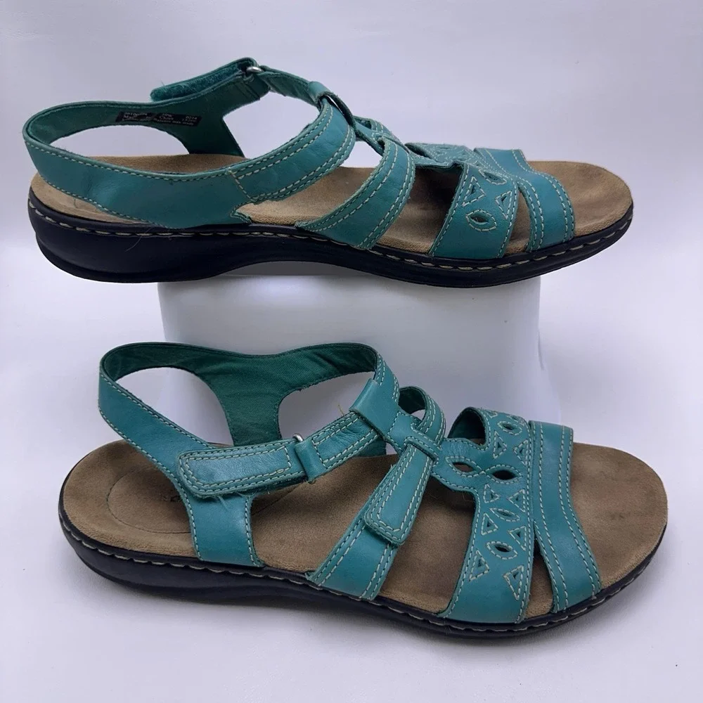 Clarks Leather Multi Strap Sandals Leisa Apple Teal Blue Size 10 Wide Shoes
